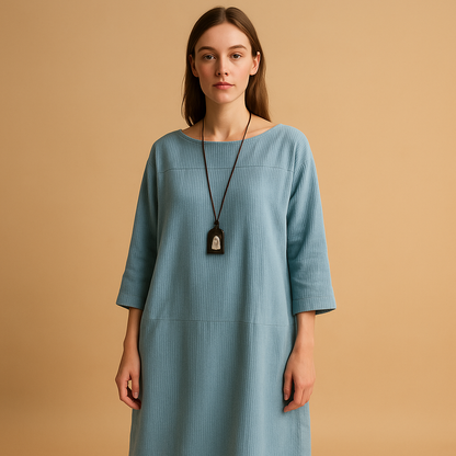 Women’s corduroy summer dress with short sleeves and knee-length fit, perfect for warm days, casual wear, and stylish occasions.