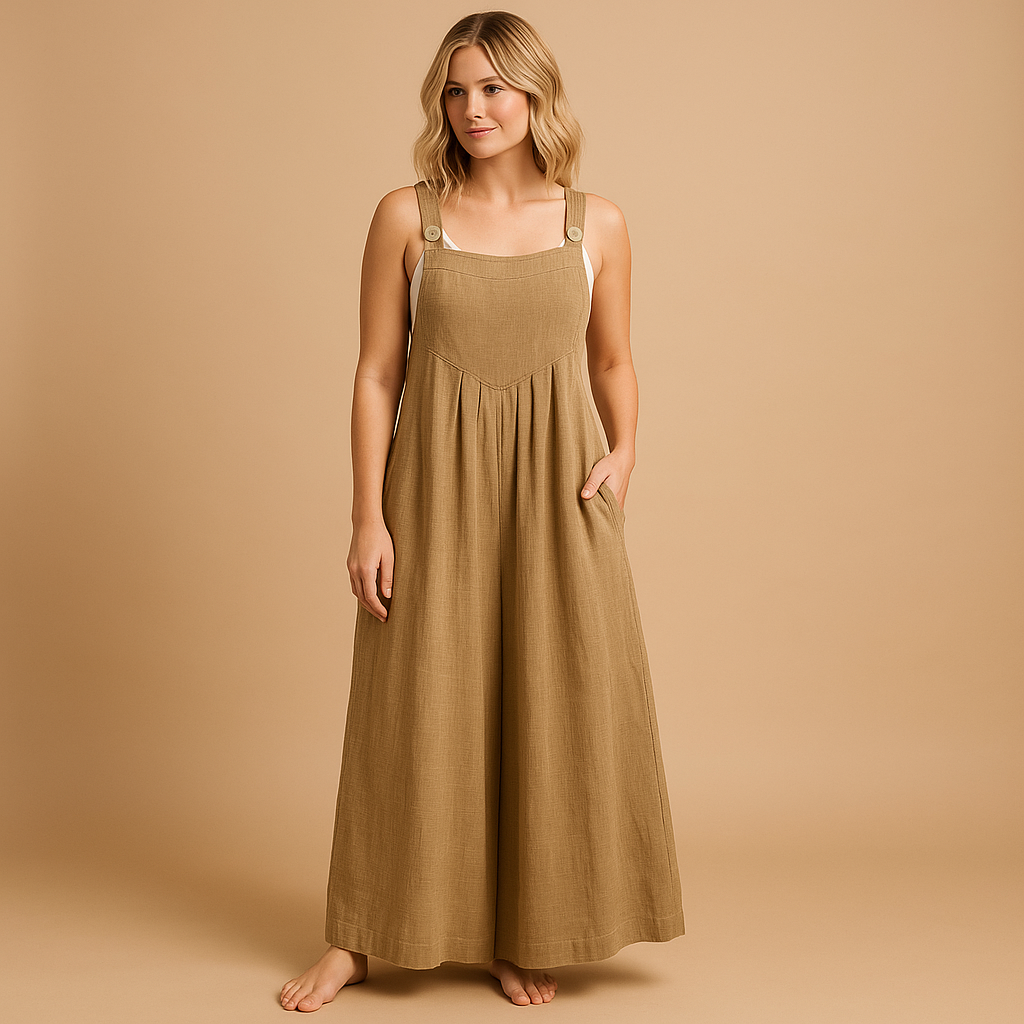 Woman wearing a loose-fit cotton overall with adjustable straps, designed for breathable comfort and casual summer outings.