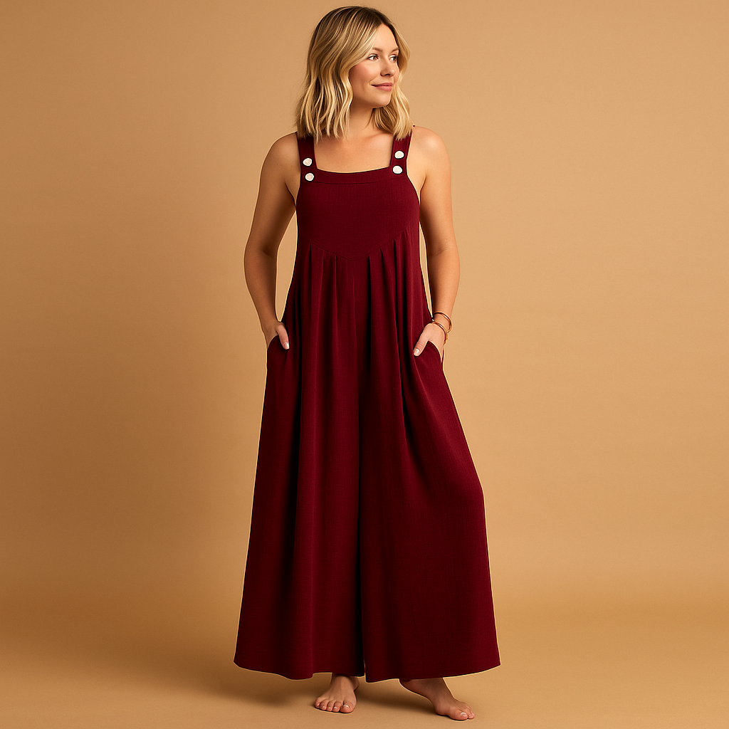 Woman wearing a loose-fit cotton overall with adjustable straps, designed for breathable comfort and casual summer outings.