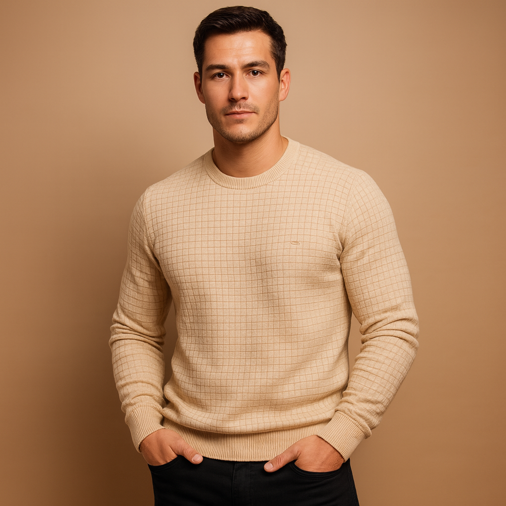Classic crew neck sweater for men with soft warm knitted fabric and relaxed fit, ideal for daily wear, work, and casual moments in autumn and winter.