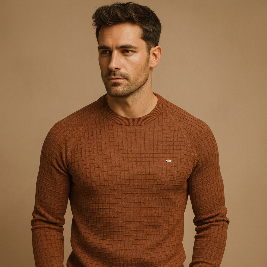 Classic crew neck sweater for men with soft warm knitted fabric and relaxed fit, ideal for daily wear, work, and casual moments in autumn and winter.