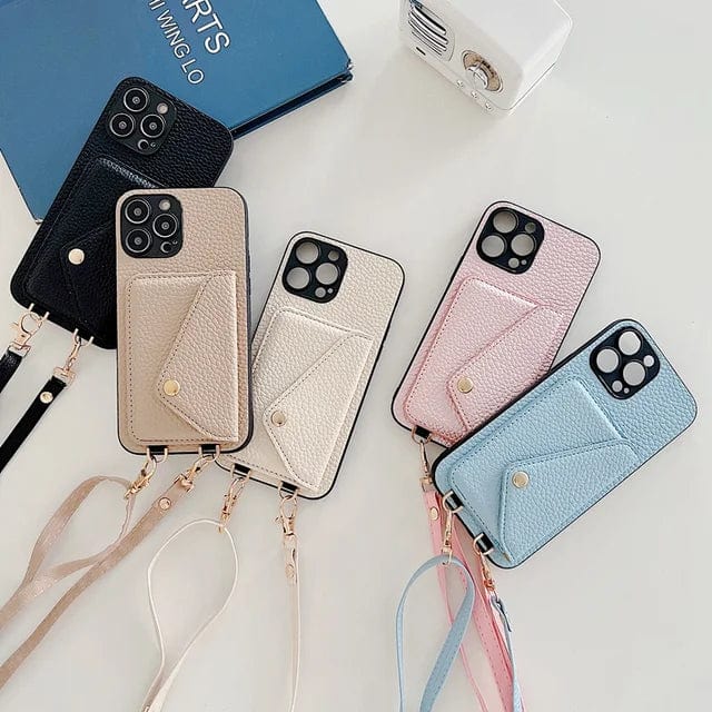 Leather Phone Crossbody Case With Lanyard And Card Holder