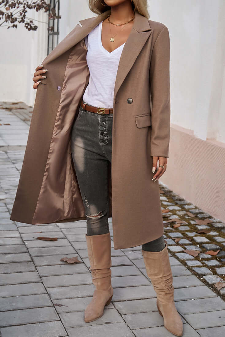 Women's Double Breasted Long Coat Warm Wool