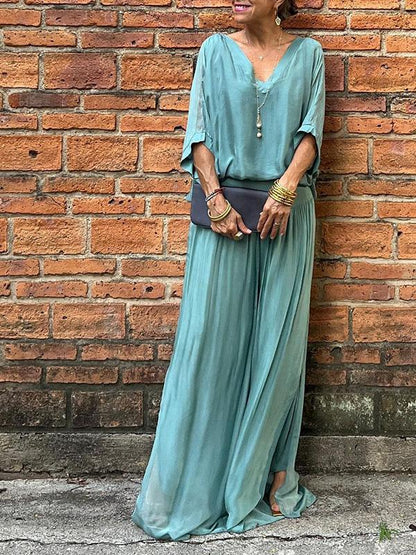 Green Women's V-Neck Flare Sleeve Loose Fit Jumpsuit Set