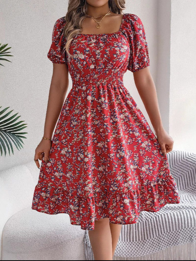 Women's Floral Ruffle Dress Square Neck High Waist