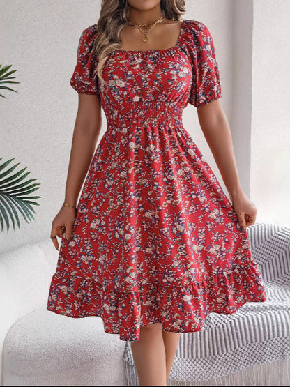 Women's Floral Ruffle Dress Square Neck High Waist