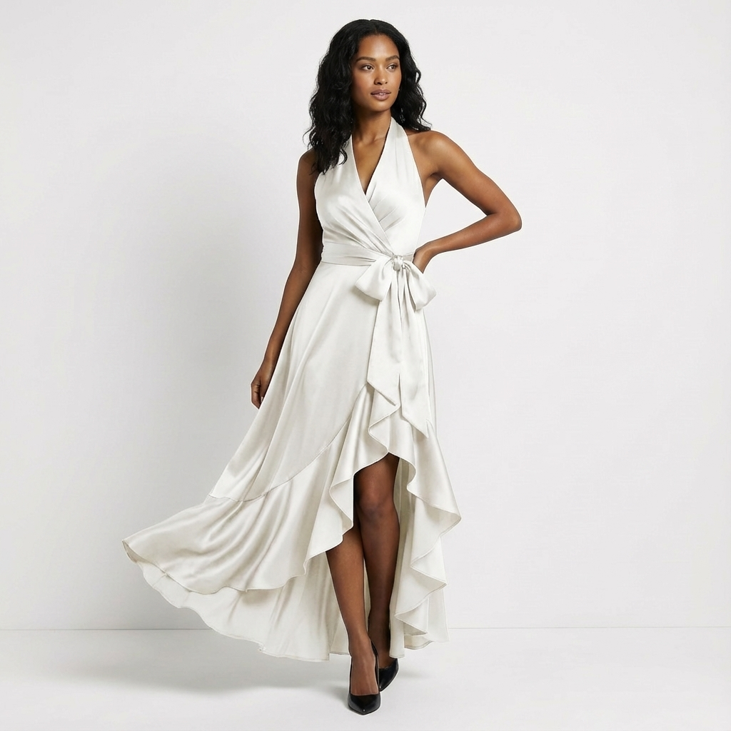 Women's Satin Maxi Dress Halter Neck Ruffled Hem