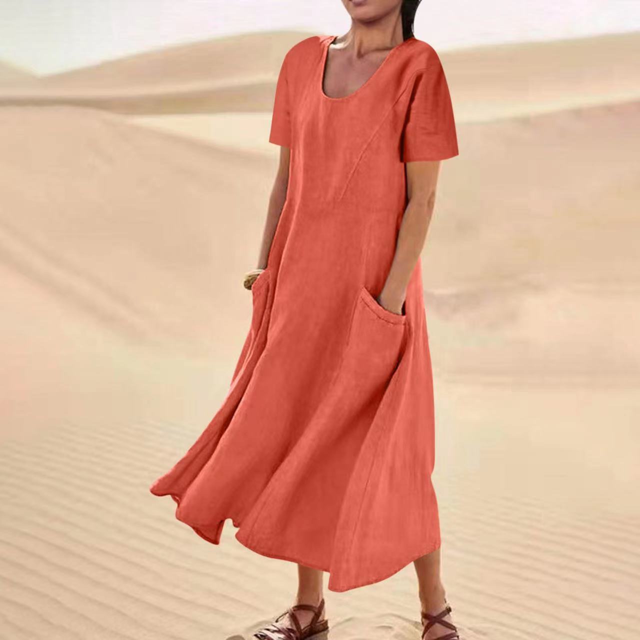 Simple Linen V Neck Summer Dress for Women
