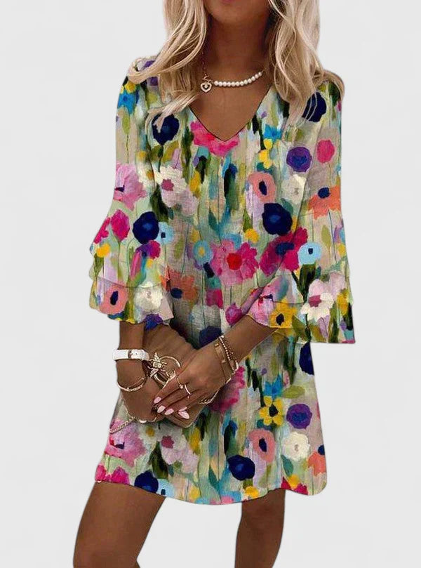 Pretty Floral V Neck Summer Dress - VibreMode