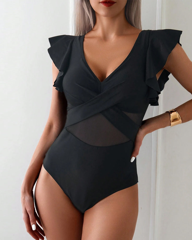 Women's One-Piece Swimsuit V-Neck Mesh Panel