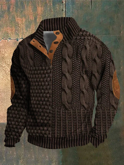 Men's Cable Knit Sweater Button Neck