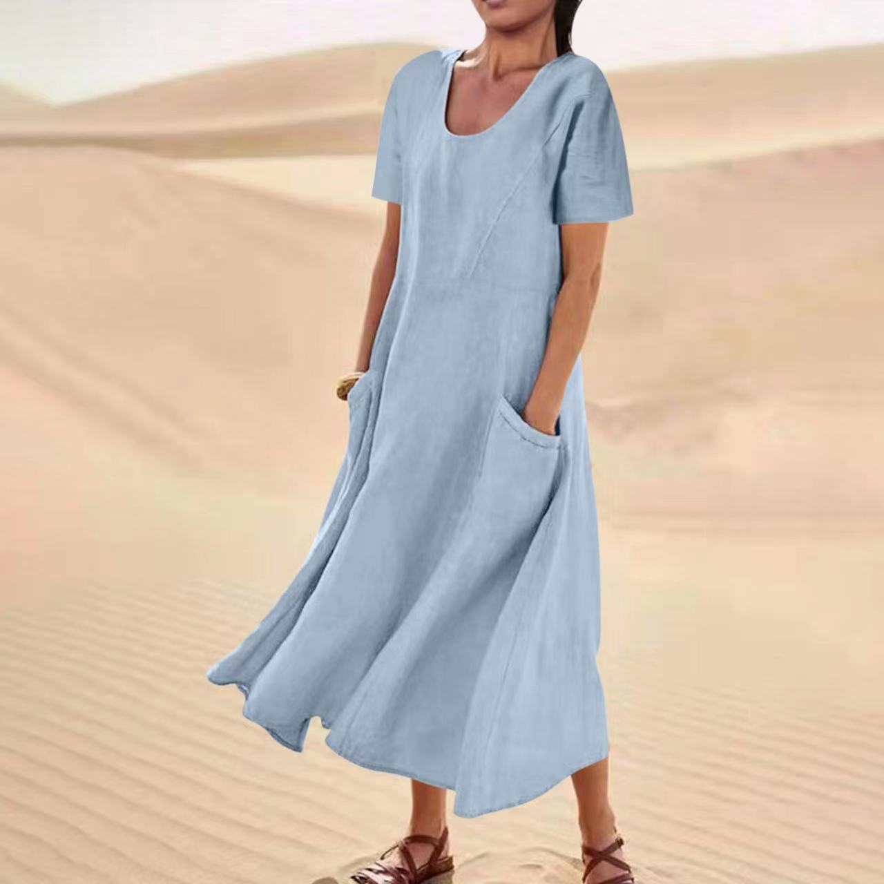 Simple Linen V Neck Summer Dress for Women