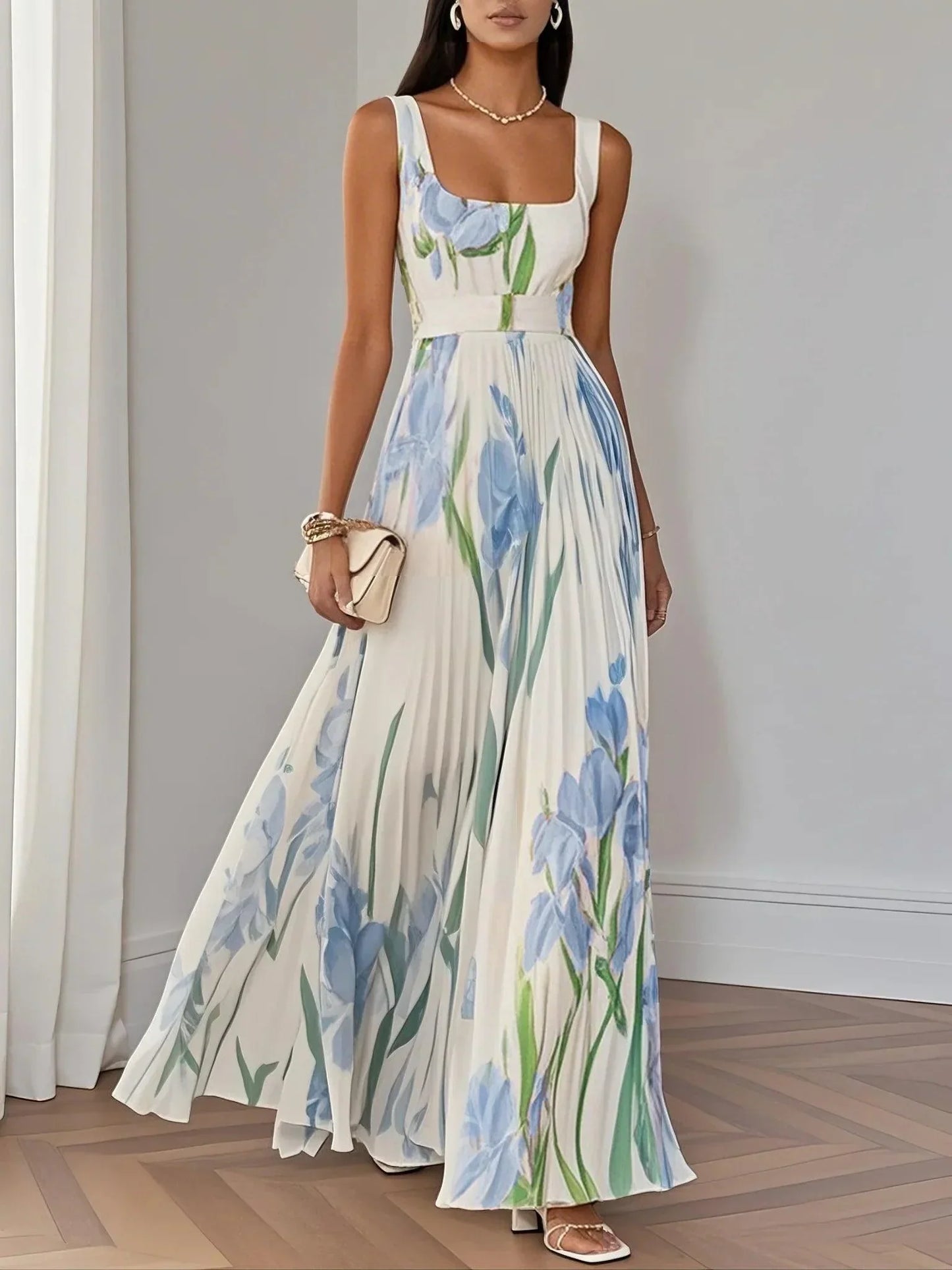Women's Pleated Maxi Dress Floral Print Wide Straps