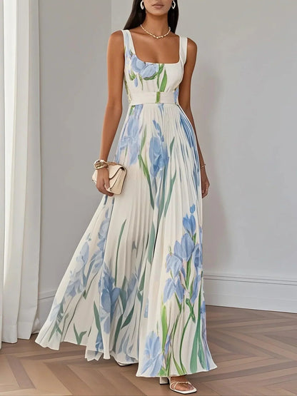 Women's Pleated Maxi Dress Floral Print Wide Straps