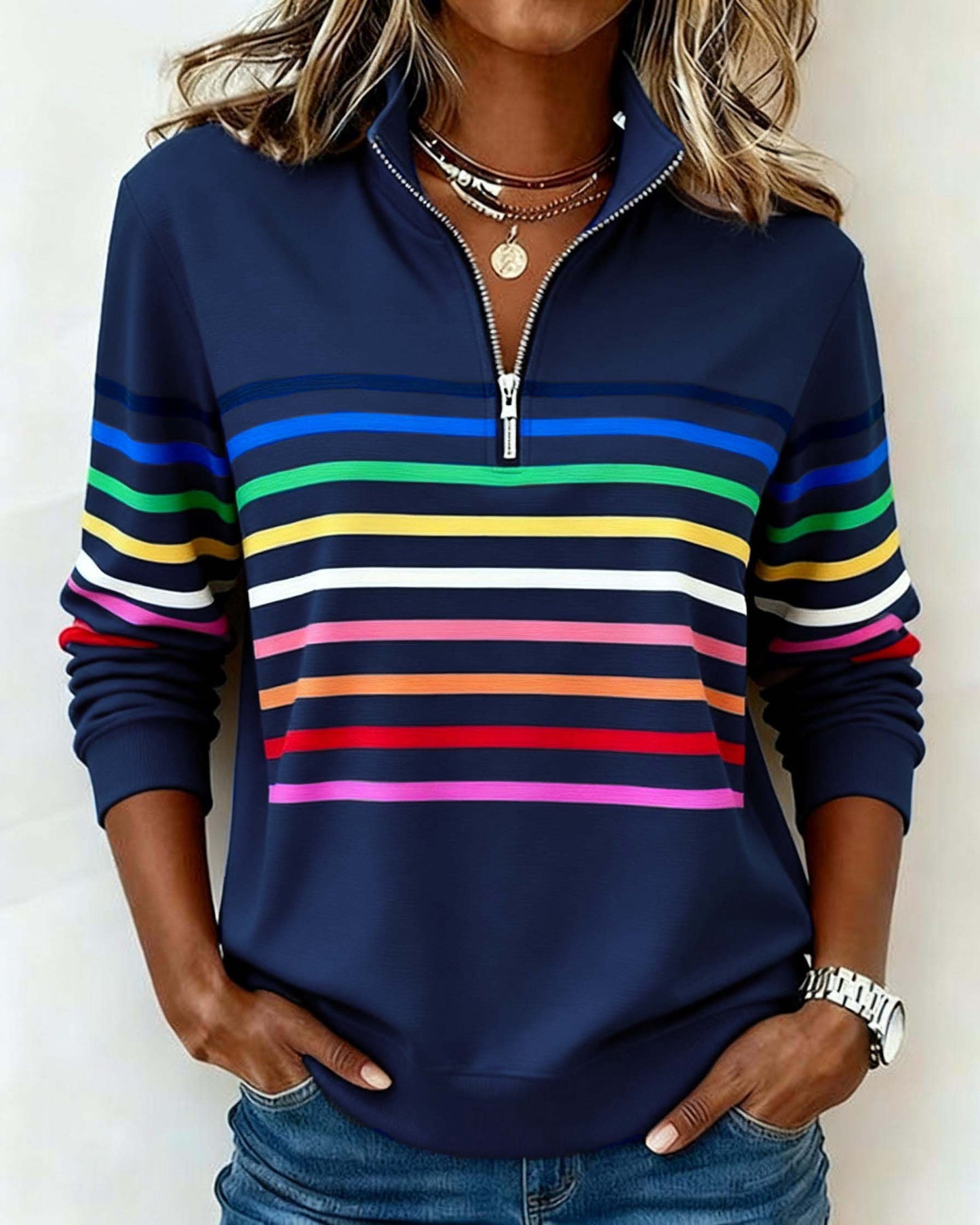 Women's Crew Neck Sweatshirt Ribbed Hem