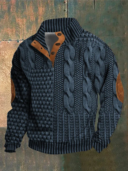Men's Cable Knit Sweater Button Neck