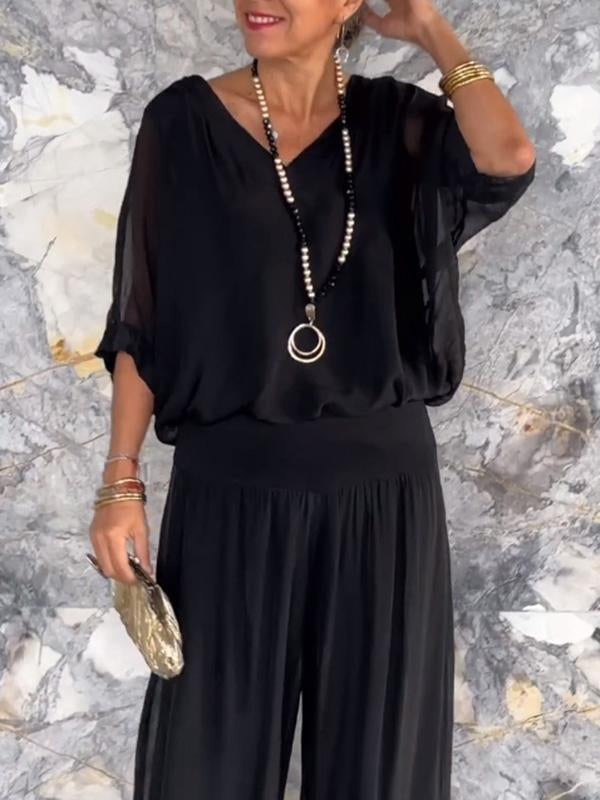 Green Women's V-Neck Flare Sleeve Loose Fit Jumpsuit Set