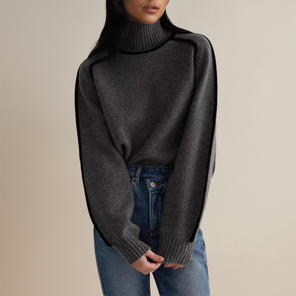 Women's Oversized Turtleneck Sweater Contrast Sleeve Trim