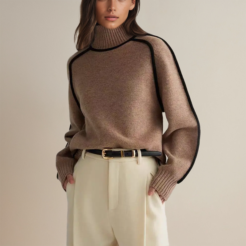 Women's Oversized Turtleneck Sweater Contrast Sleeve Trim