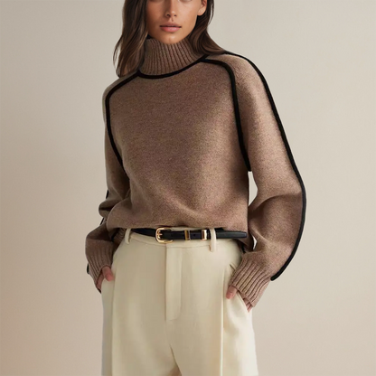 Women's Oversized Turtleneck Sweater Contrast Sleeve Trim