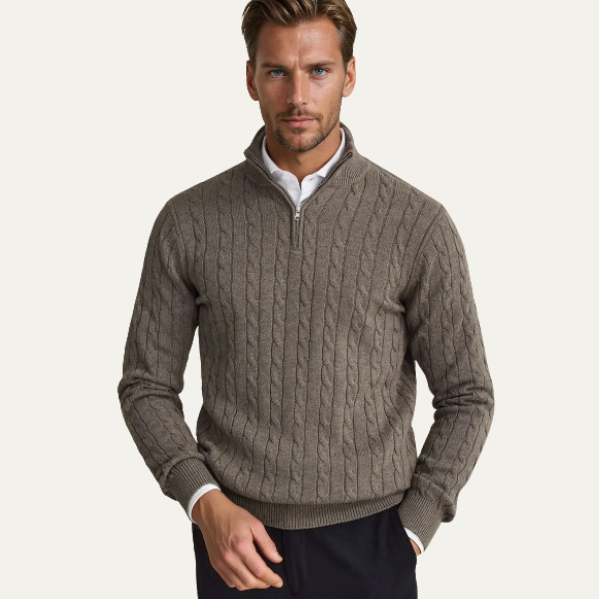 Men's Classic Cable Knit Sweater Textured Half Zip