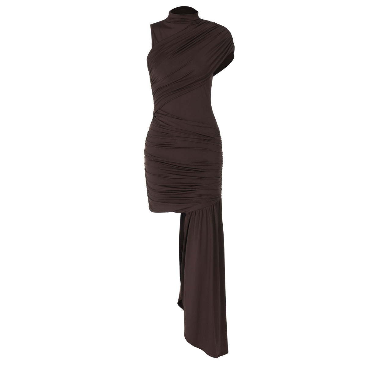 Women's Asymmetrical Mini Dress Stand Collar Side Train