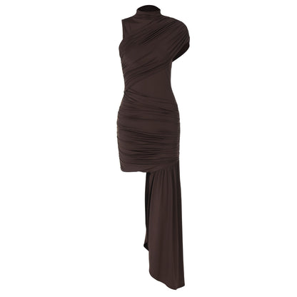 Women's Asymmetrical Mini Dress Stand Collar Side Train