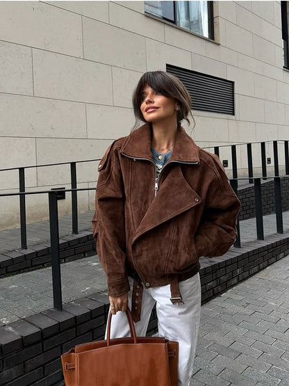 Women's Biker Leather Jacket Oversized Lapel Collar - VibreMode
