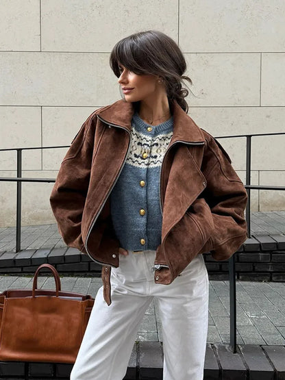 Women's Biker Leather Jacket Oversized Lapel Collar