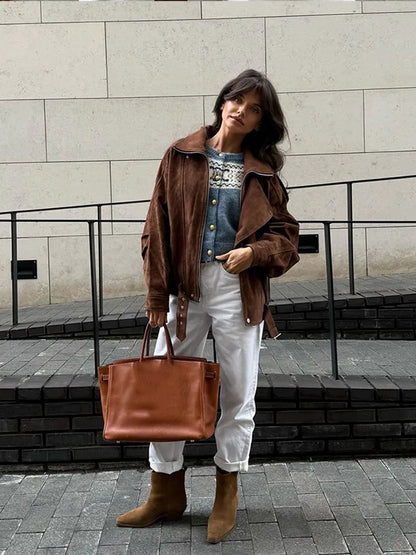 Women's Biker Leather Jacket Oversized Lapel Collar
