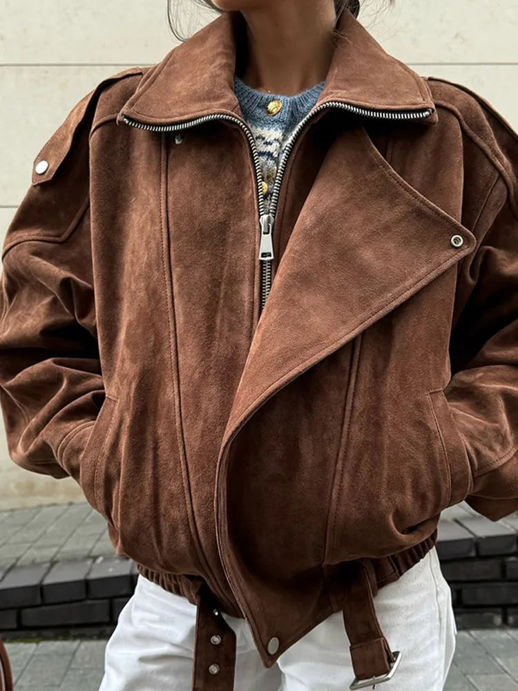 Women's Biker Leather Jacket Oversized Lapel Collar