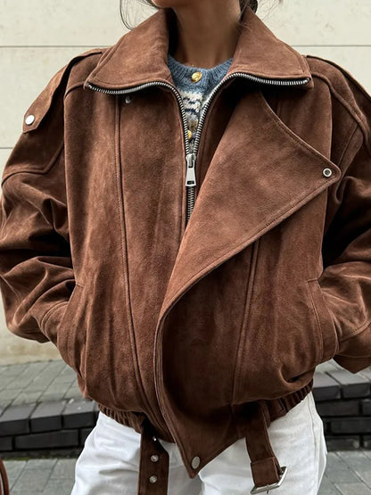 Women's Biker Leather Jacket Oversized Lapel Collar