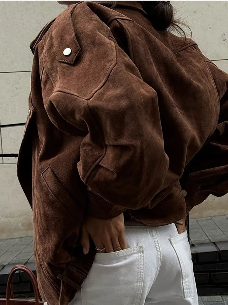 Women's Biker Leather Jacket Oversized Lapel Collar