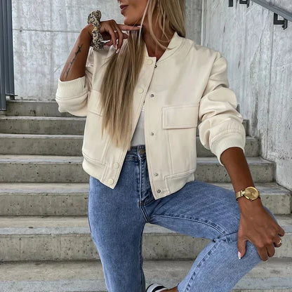 Women's Bomber Jacket Button Front Chest Pockets - VibreMode