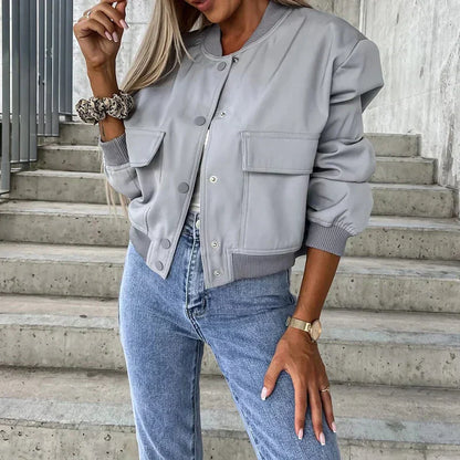 Women's Bomber Jacket Button Front Chest Pockets