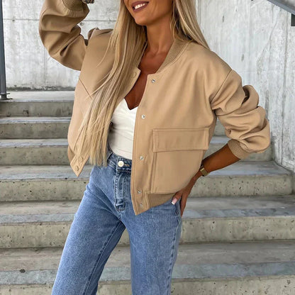 Women's Bomber Jacket Button Front Chest Pockets