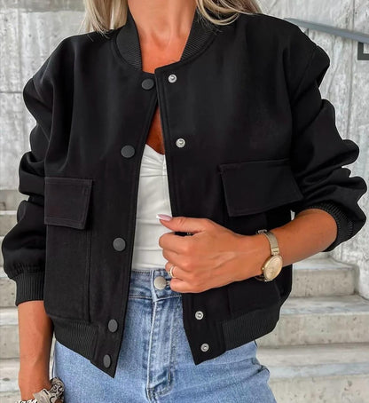 Women's Bomber Jacket Button Front Chest Pockets