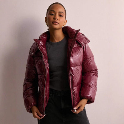 Women's Puffer Jacket Hooded Zip Closure Ribbed Cuffs