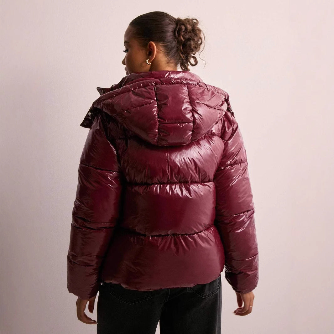 Women's Puffer Jacket Hooded Zip Closure Ribbed Cuffs
