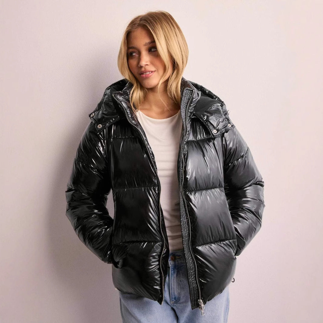 Women's Puffer Jacket Hooded Zip Closure Ribbed Cuffs