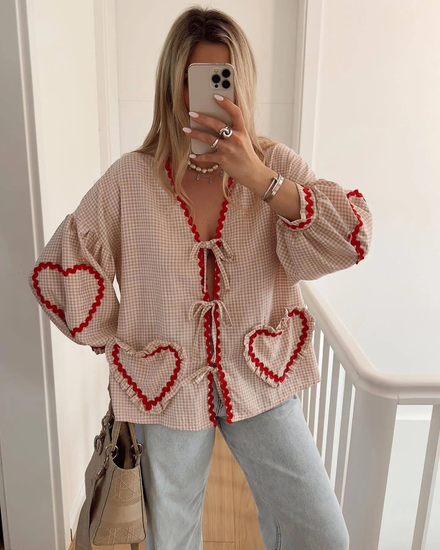 Women's Check Shirt with Heart Appliques and Bow - VibreMode
