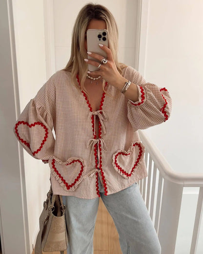 Women's Check Shirt with Heart Appliques and Bow - VibreMode
