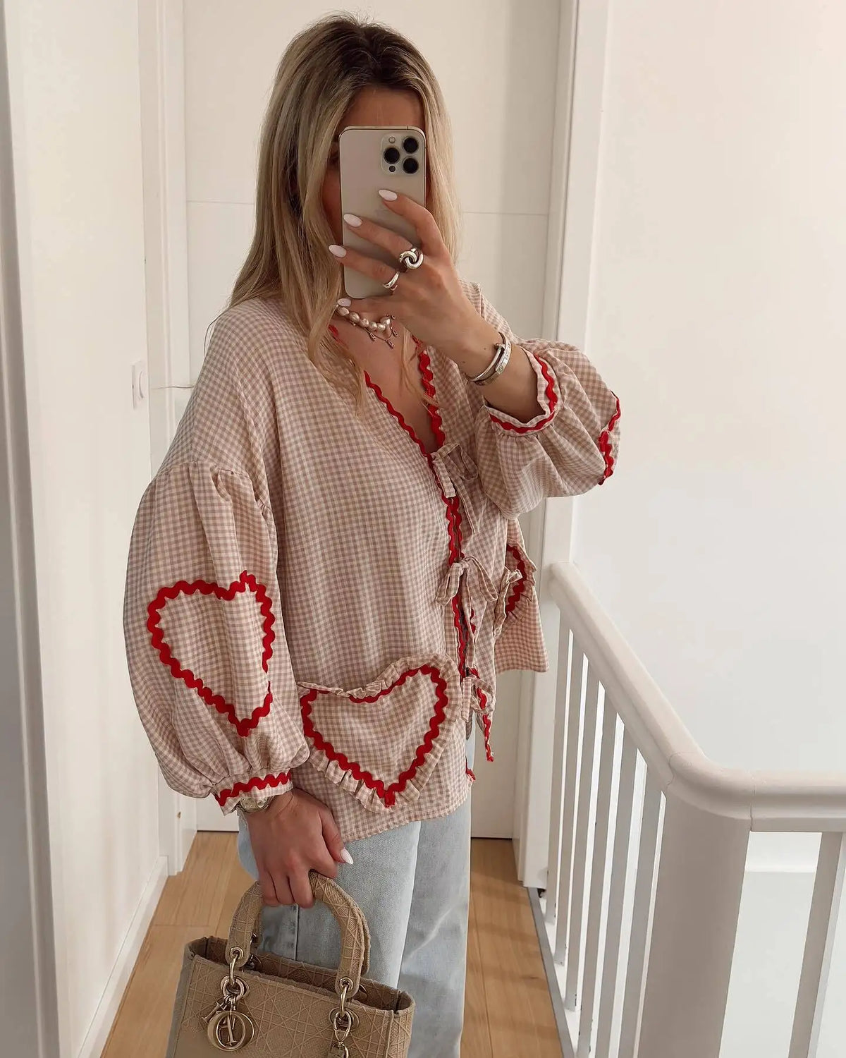 Women's Check Shirt with Heart Appliques and Bow