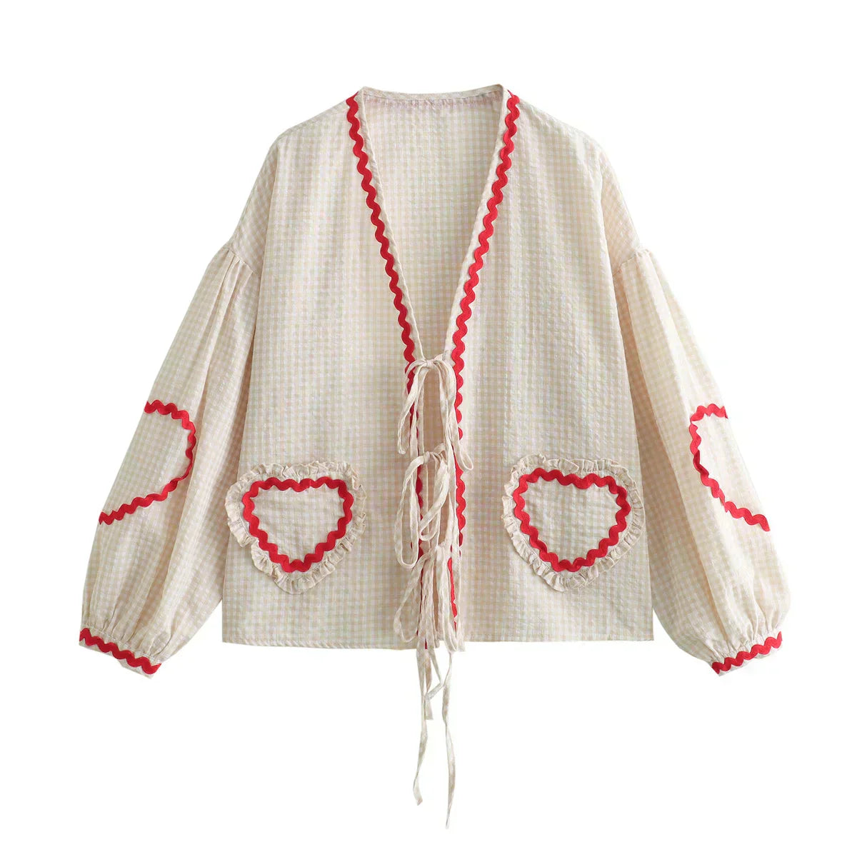 Women's Check Shirt with Heart Appliques and Bow