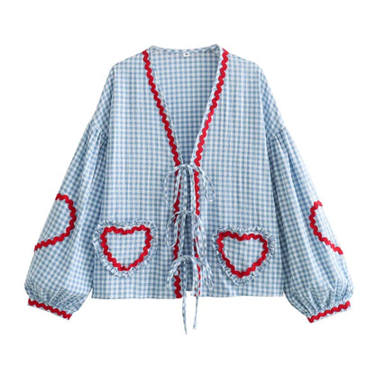 Women's Check Shirt with Heart Appliques and Bow