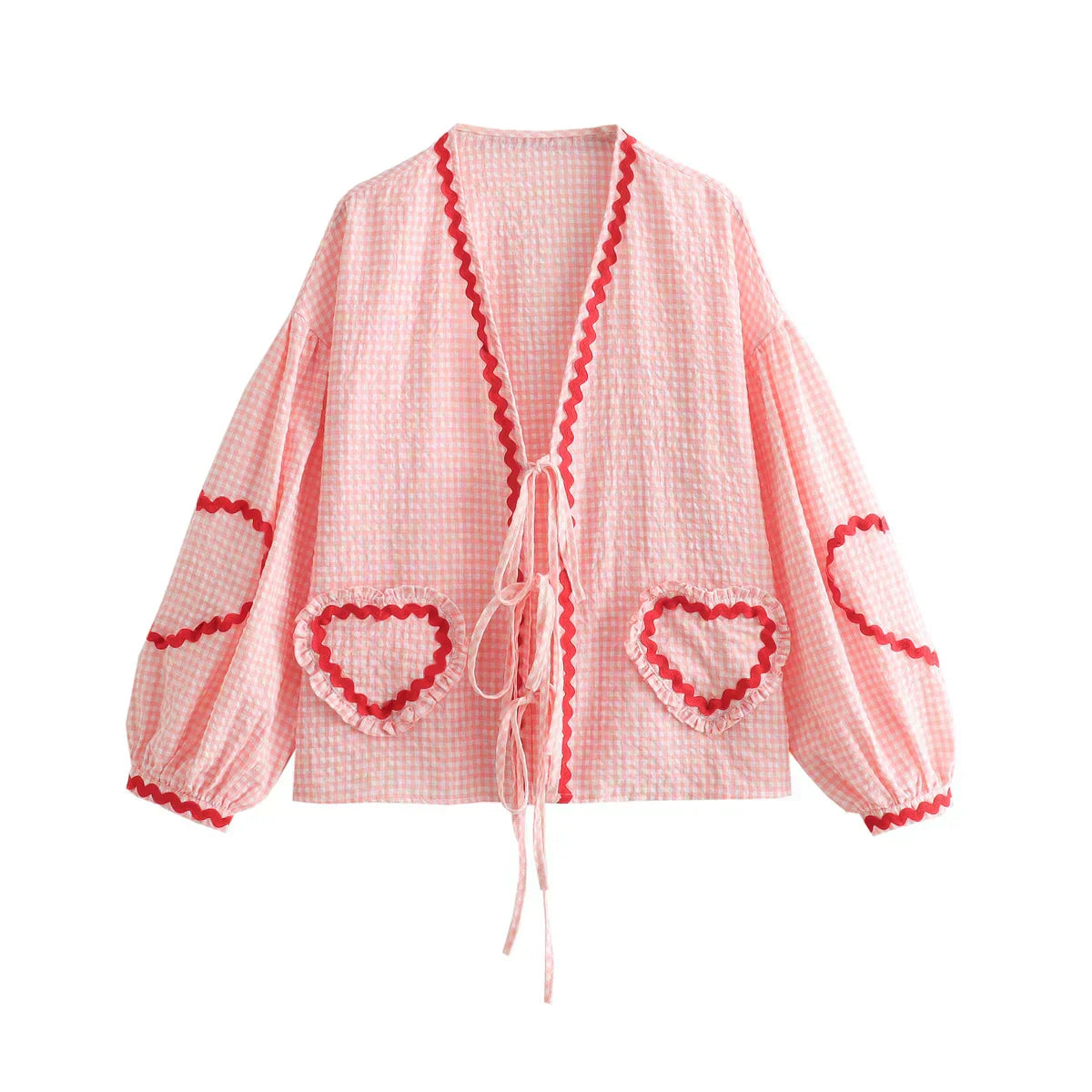 Women's Check Shirt with Heart Appliques and Bow