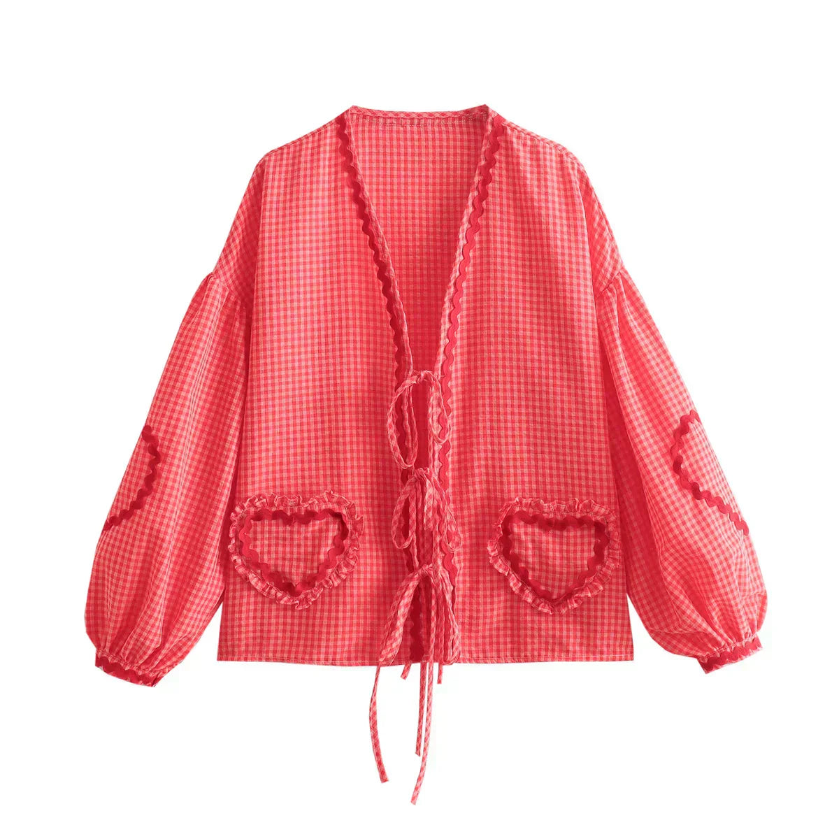 Women's Check Shirt with Heart Appliques and Bow