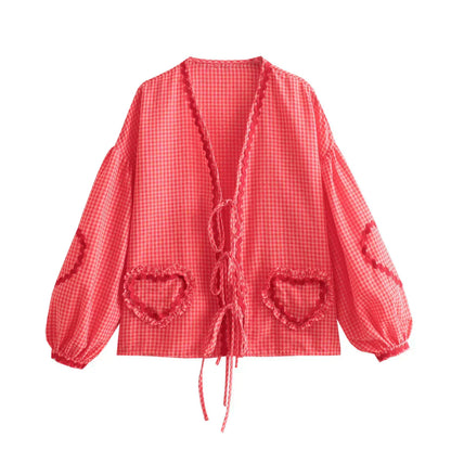 Women's Check Shirt with Heart Appliques and Bow