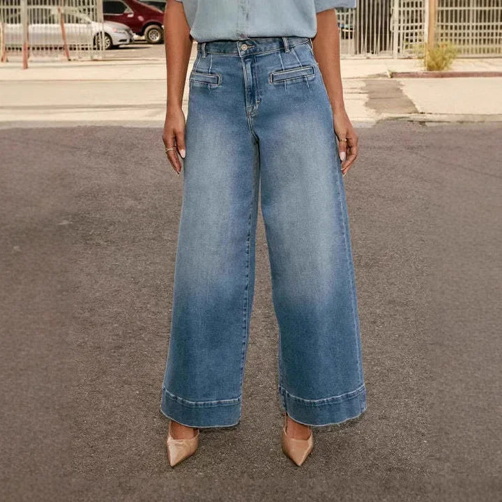 Women's Wide Leg High Waisted Pants Button Closure - VibreMode