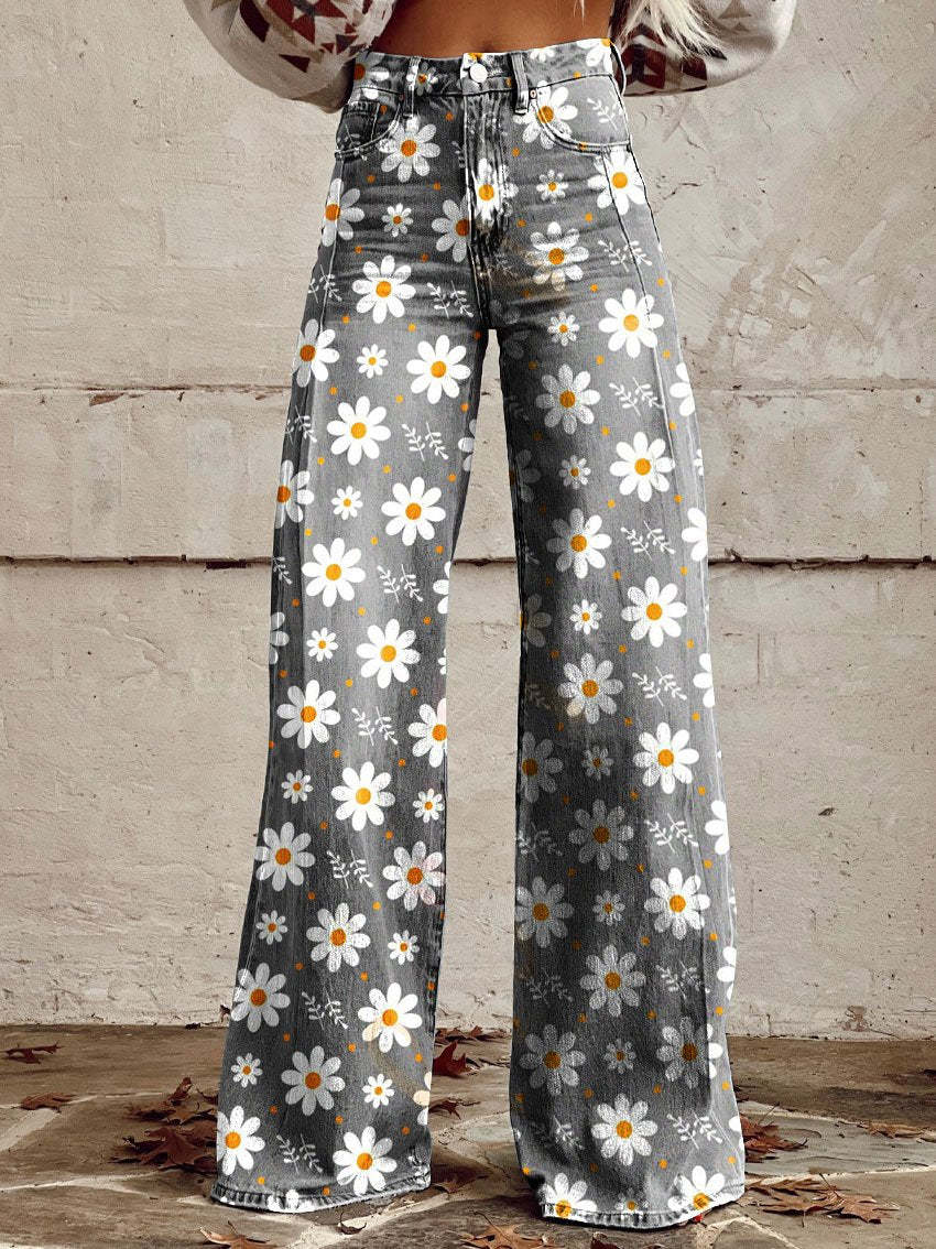 Women's Wide Leg Floral Print High Waist Pants - VibreMode